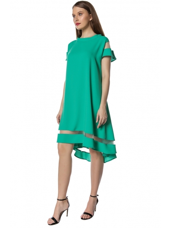 Rochie Queen verde – asimetrica, cu aplicatie tull, crep fluid  soft-touch