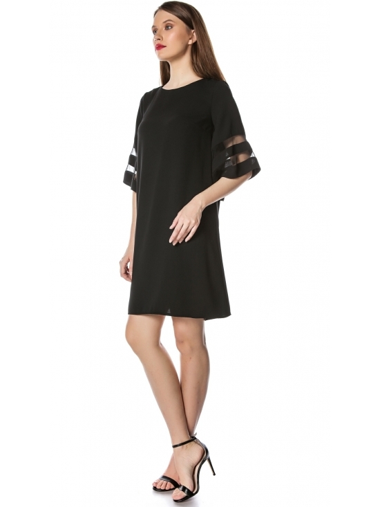 Rochie Angela neagra cu maneca ¾ insertie tull #2