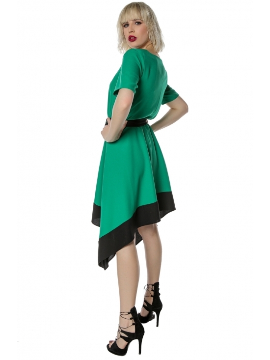 Rochie Paris verde asimetrica cu cordon in contrast #2