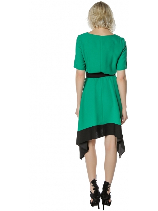 Rochie Paris verde asimetrica cu cordon in contrast #3