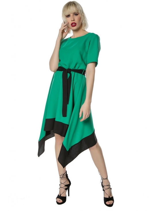 Rochie Paris verde asimetrica cu cordon in contrast