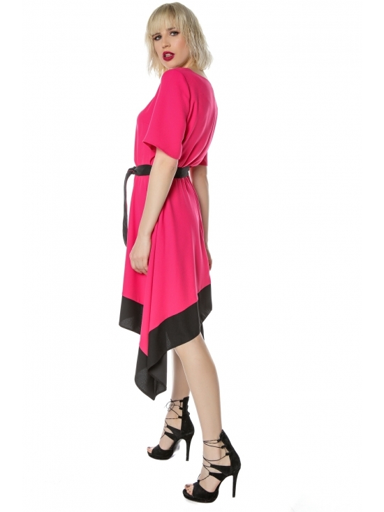 Rochie Paris fucsia asimetrica cu cordon in contrast #2