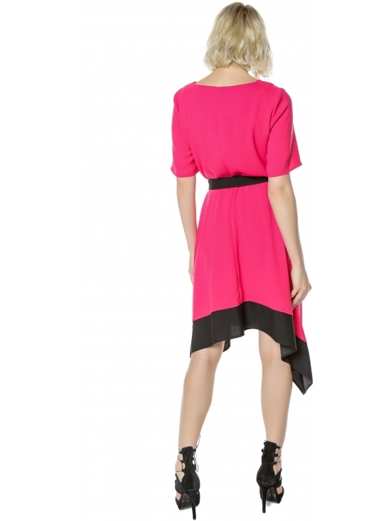 Rochie Paris fucsia asimetrica cu cordon in contrast #3