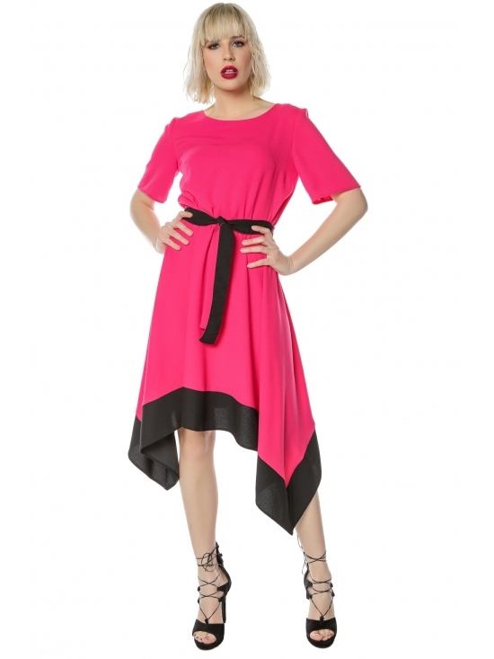 Rochie Paris fucsia asimetrica cu cordon in contrast