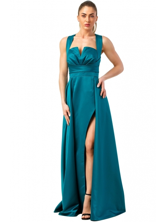 Rochie Hollywood verde din tafta satinata cu slit