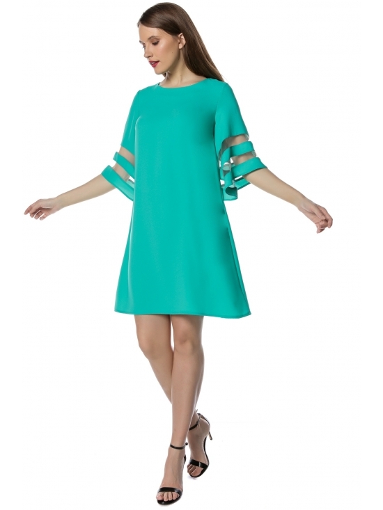 Rochie Angela verde deschis cu maneca ¾ insertie tull