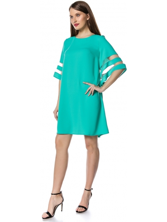 Rochie Angela verde deschis cu maneca ¾ insertie tull #2