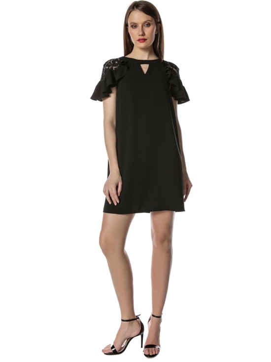 Rochie Xintia neagra cu maneca raglan din dantela