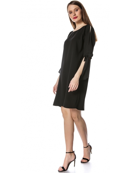 Rochie Romance neagra cu fundite voal si maneca ¾ #2