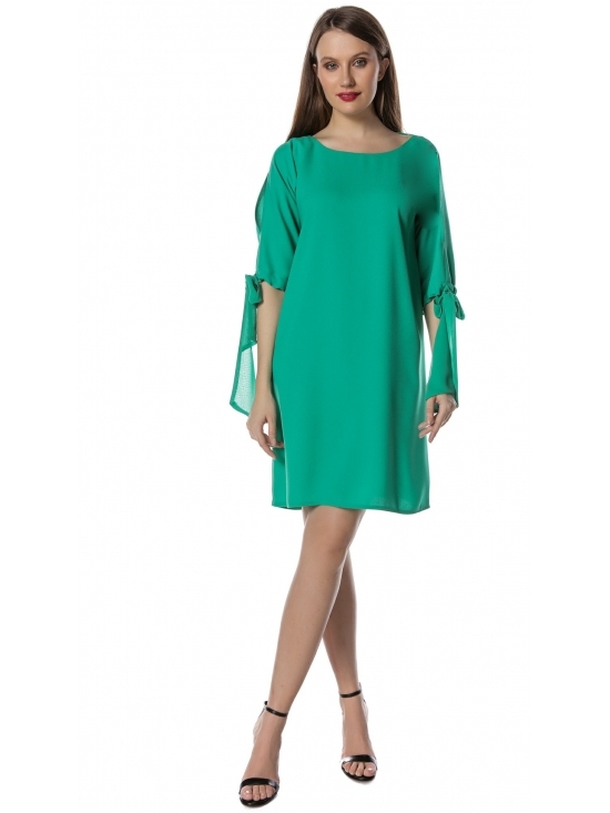 Rochie Romance verde cu fundite voal si maneca ¾