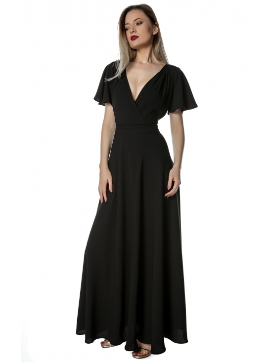 Rochie Olivia neagra lunga din crep, cambrata pe talie #2