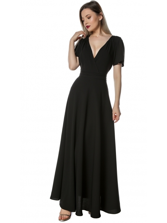 Rochie Olivia neagra lunga din crep, cambrata pe talie