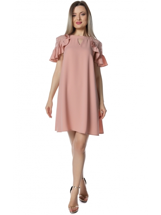 Rochie Xintia roz cu maneca raglan din dantela