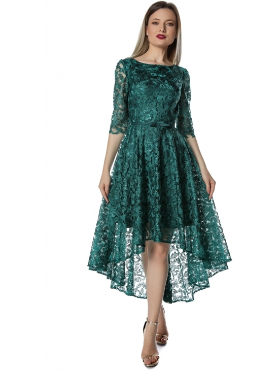 Rochie Kelly verde, de seara, din dantela asimetrica